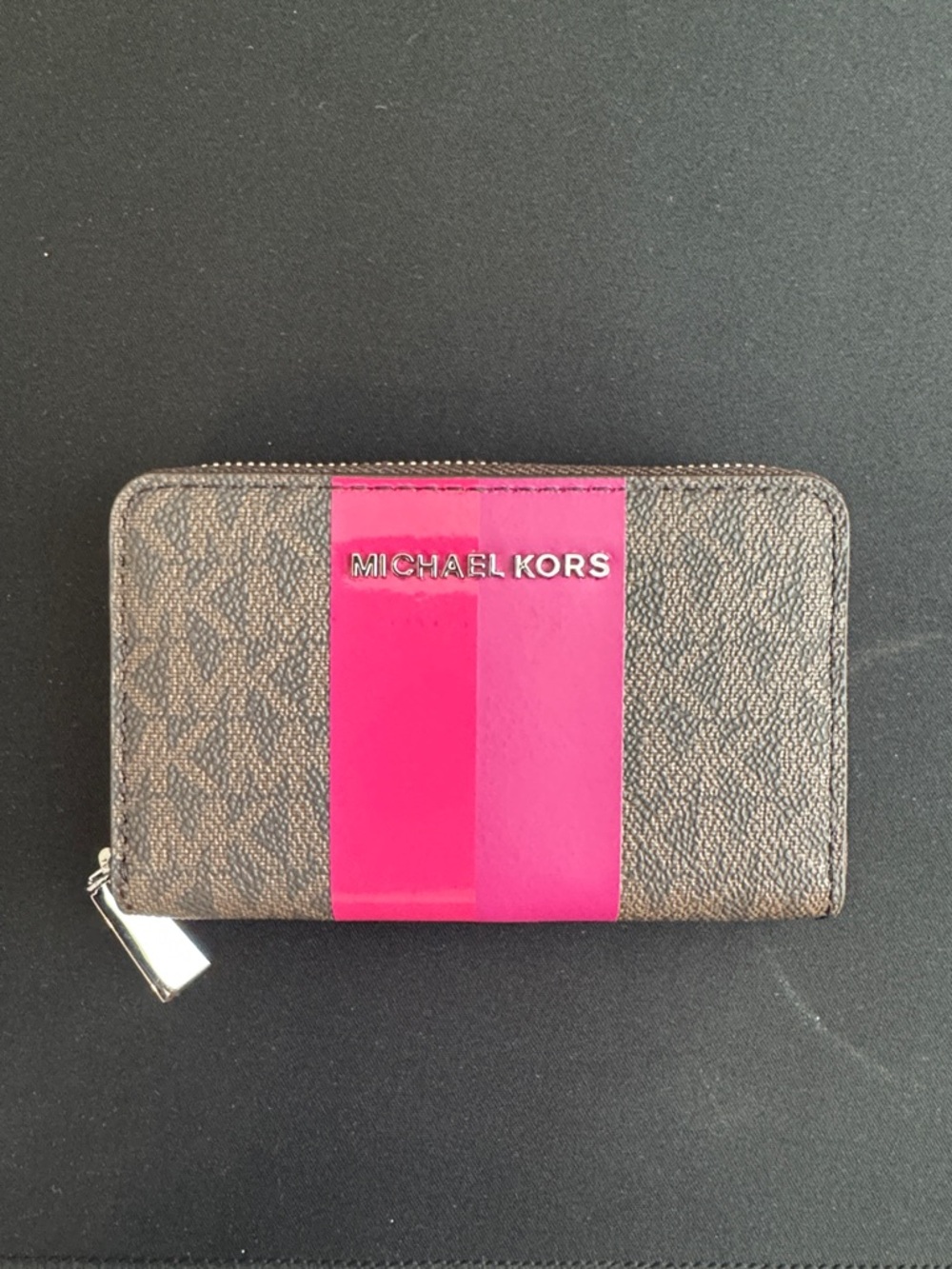 Michael Kors Brown Signature Zip Card Holder with Pink Center Stripe
